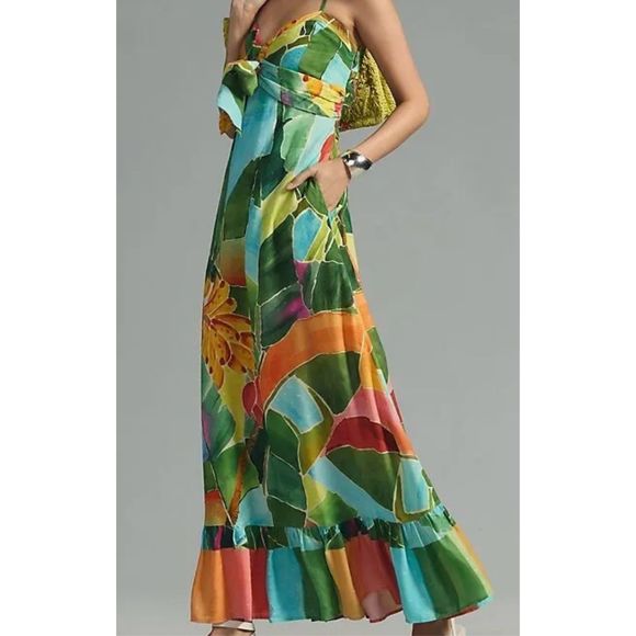 Anthropologie Farm Rio Tie-Waist Printed Dress Multi Palm size M - Picture 1 of 13